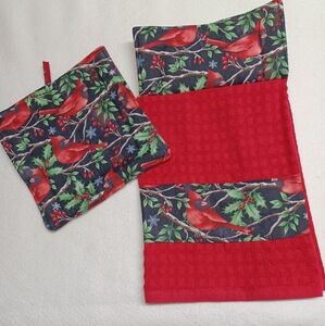 Red Cardinal Hanging Kitchen Towel and Potholder Set